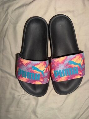 Puma Black Slide with Pink-Orange Tie-Dye Strap and Teal Logo